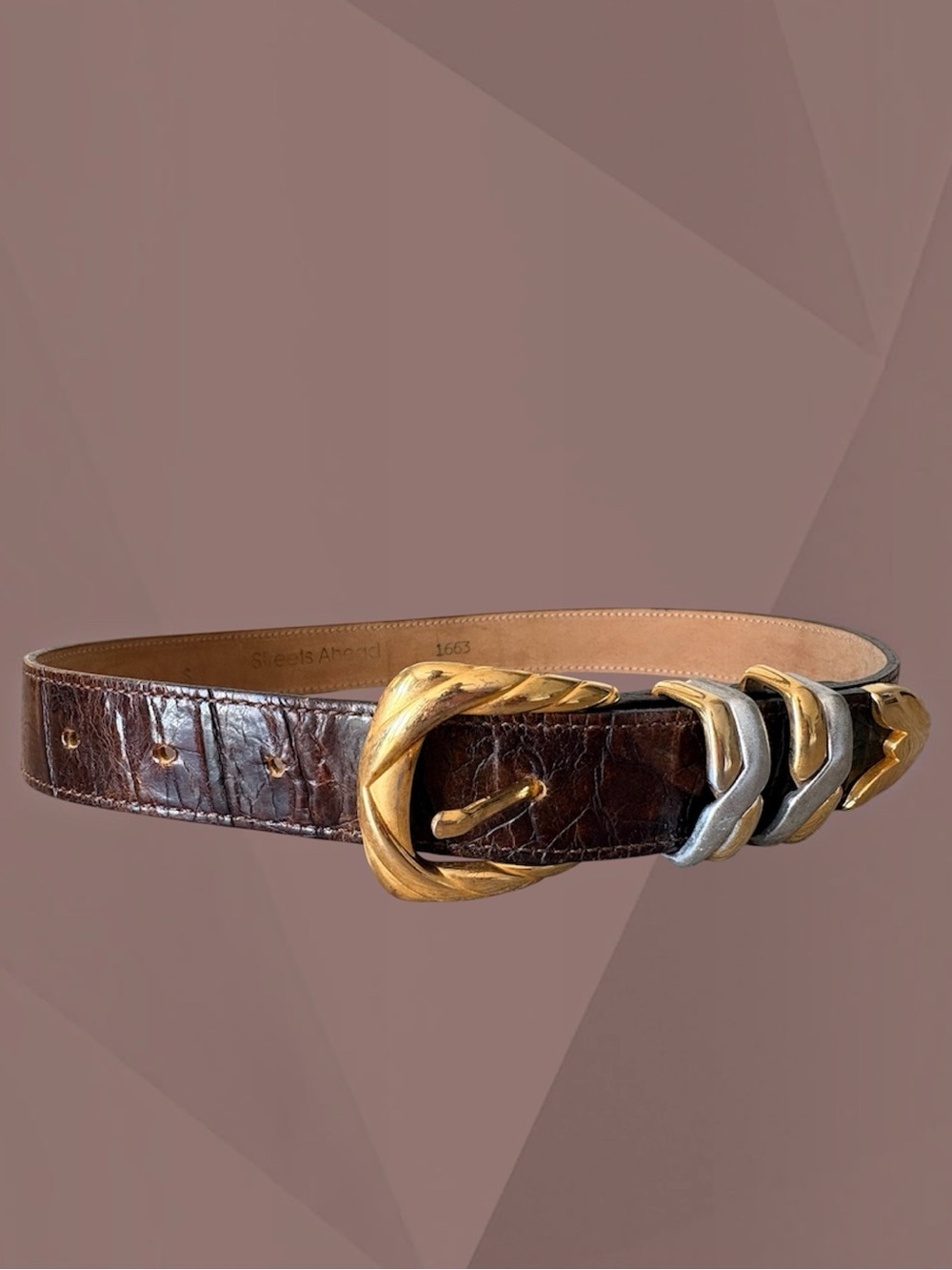 VTG Streets Ahead Brown Leather Croc Silver Gold Metal buckle Belt Size S